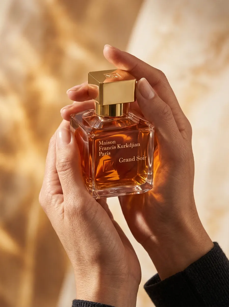 Detalle editorial de frasco de perfume nicho